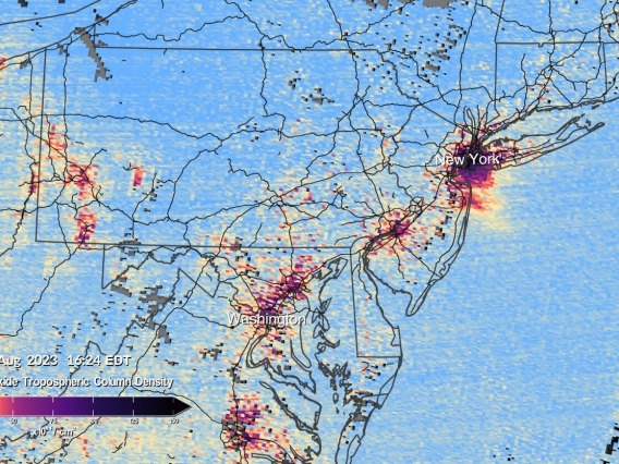 An image of a pollution map across the east coast of the United States