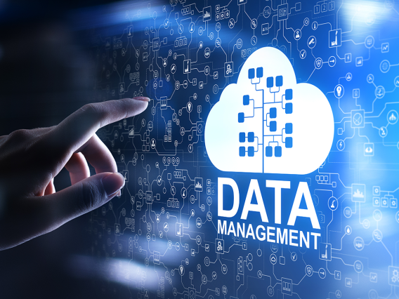 "Data Management" on blue background with file diagram