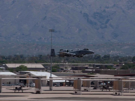 An A-10 makes a pass over the runway at Tucson's Davis-Monthan Air Force Base