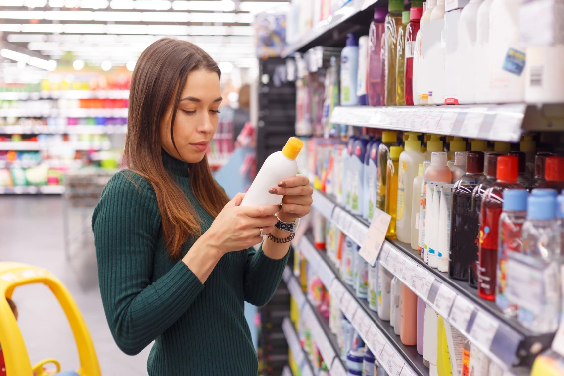 Store aisle with personal care products and brunette