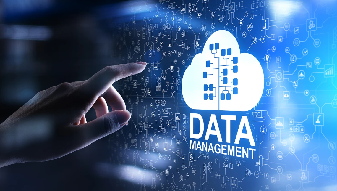 "Data Management" on blue background with file diagram