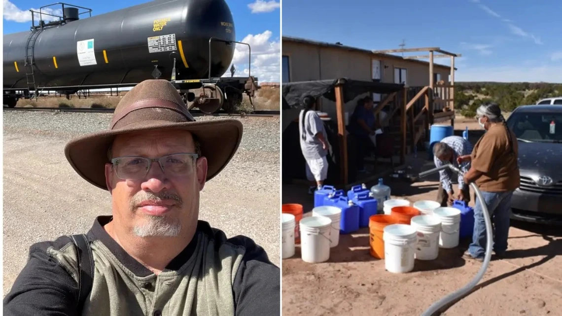 An image of a railroad worker delivering water to a community