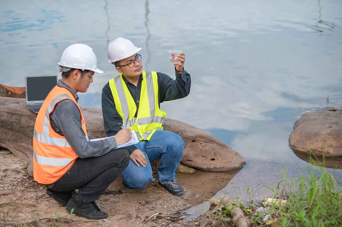 Two people analyzing water quality