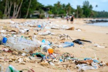 A stock image of a beach polluted by plastic bottles. 